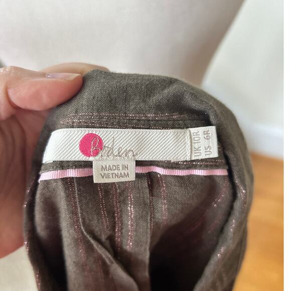 Boden Olive Green & Metallic Pink Strip Linen Button Down Long Sleeve Shirt - Picture 6 of 8